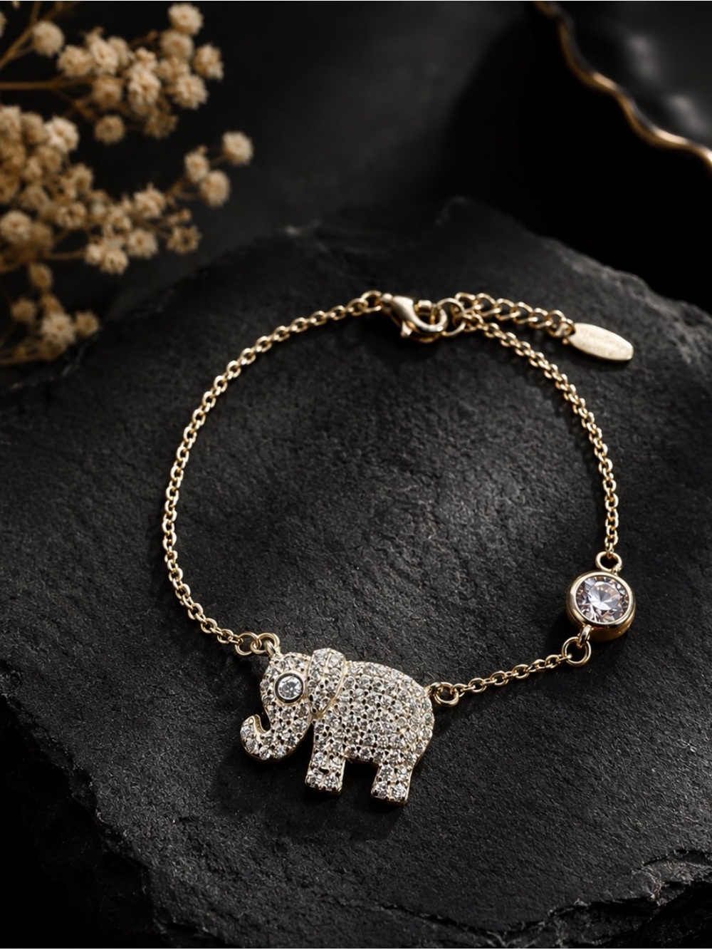 DYADEMA 925 STERLING SILVER ELEPHANT CHARM BRACELET PAVE CUBIC ZIRCONIA